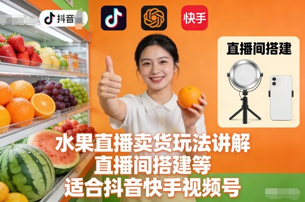 水果直播卖货玩法讲解、直播间搭建等，适合抖音快手视频号-课程网