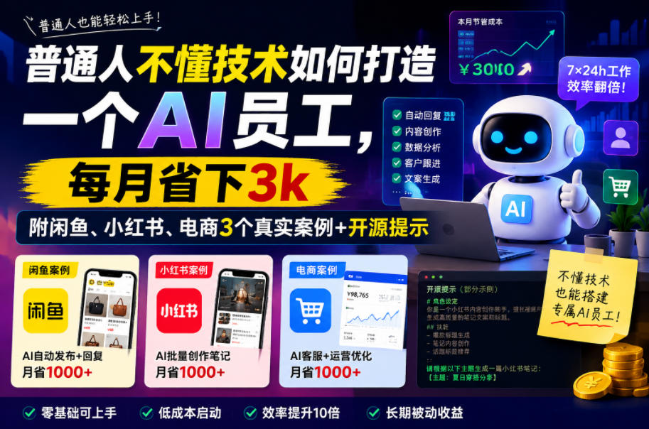 普通人不懂技术如何打造一个AI员工，每月省下3k，附闲鱼、小红书、电商3个真实案例+开源提示【文档】-课程网