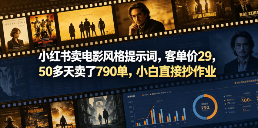 小红书卖电影风格提示词，客单价29，50多天卖了790单，小白直接抄作业！-课程网