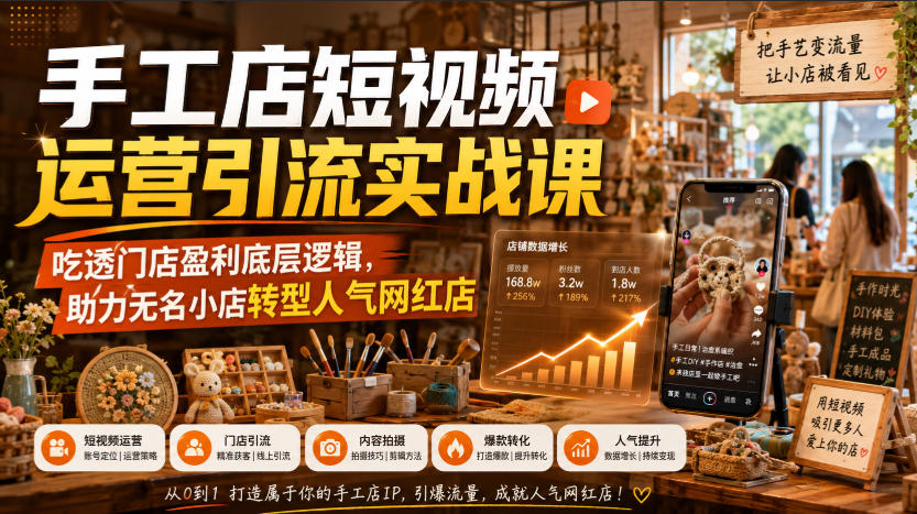 手工店短视频运营引流实战课，吃透门店盈利底层逻辑，助力无名小店转型人气网红店-课程网