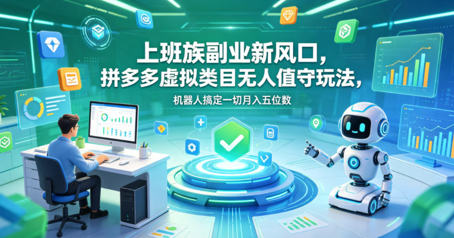 上班族副业新风口，拼多多虚拟类目无人值守玩法，机器人搞定一切月入五位数【揭秘】-课程网