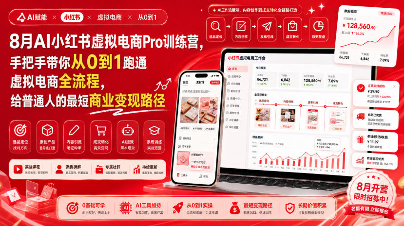 8月AI小红书虚拟电商Pro训练营，手把手带你从0到1跑通虚拟电商全流程，给普通人的最短商业变现路径-课程网