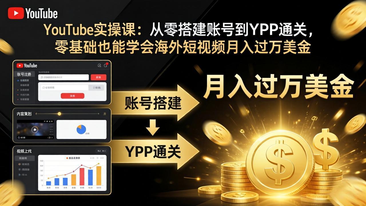 YouTube实操课：从零搭建账号到YPP通关，零基础也能学会海外短视频月入过万美金-课程网