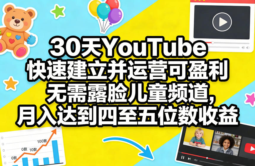 30天YouTube快速建立并运营可盈利无需露脸儿童频道，月入达到四至五位数收益-课程网