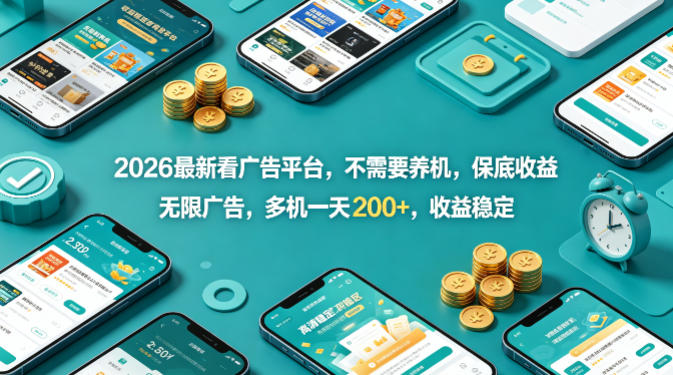 2026最新看广告平台，不需要养机，保底收益，无限广告，多机一天200+，收益稳定【揭秘】-课程网