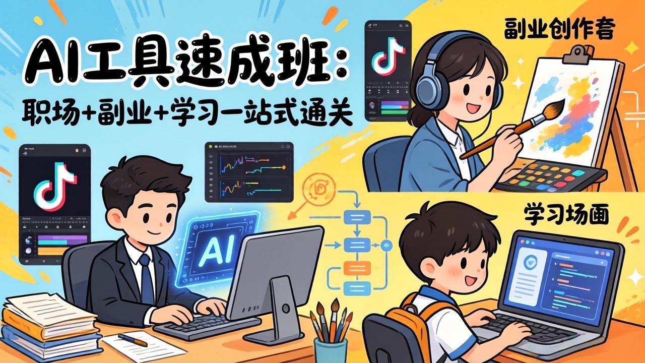 AI工具速成班：职场+副业+学习一站式通关，20+爆款类型+剪映技巧+抖音算法，0基础快速上手-课程网