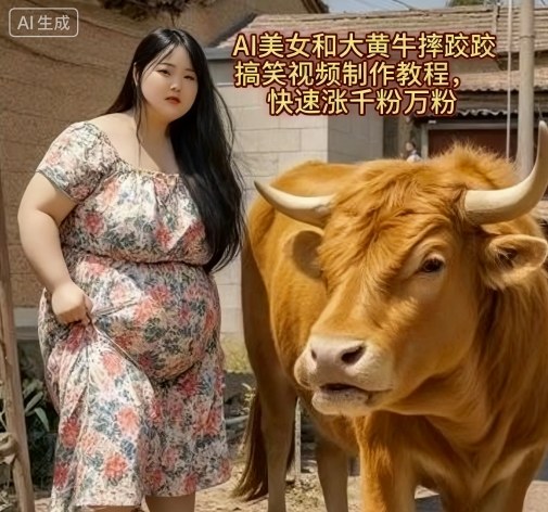 AI美女和大黄牛摔跤搞笑荒诞视频制作教程，快速涨千粉万粉-课程网