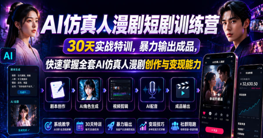 AI仿真人漫剧短剧训练营，30天实战特训，暴力输出成品，快速掌握全套AI仿真人漫剧创作与变现能力-课程网