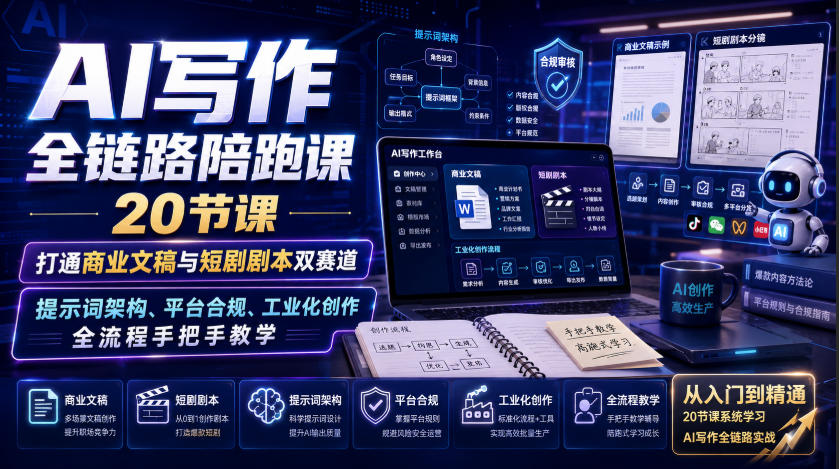 AI写作全链路陪跑课｜20节课打通商业文稿与短剧剧本双赛道，提示词架构、平台合规、工业化创作全流程手把手教学-课程网