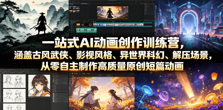 一站式AI动画创作训练营，涵盖古风武侠、影视风格、异世界科幻、解压场景，从零自主制作高质量原创短篇动画-课程网
