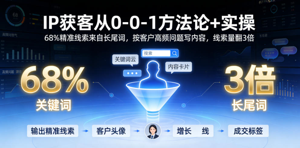 IP获客从0-1方法论+实操，68%精准线索来自长尾词，按客户高频问题写内容，线索量翻3倍-课程网