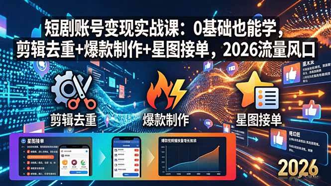 （18160期）短剧账号变现实战课：0基础也能学，剪辑去重+爆款制作+星图接单，2026流量风口-课程网