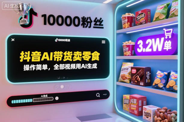 抖音AI带货卖零食，操作简单，全部视频用AI生成，一万粉丝，卖了3.2W单-课程网