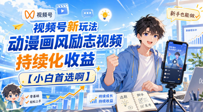 视频号新玩法动漫画风励志视频，持续化收益【小白首选啊】-课程网