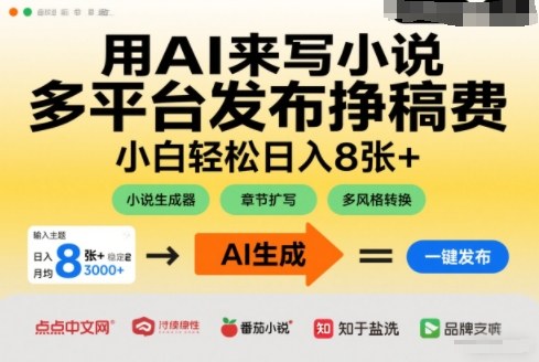用AI来写小说，多平台发布挣稿费，小白轻松日入8张+，长期稳定项目-课程网