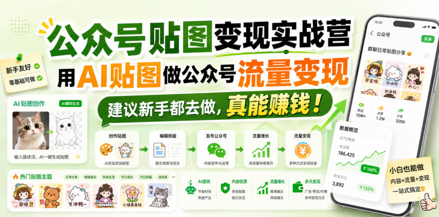 公众号贴图变现实战营，用AI贴图做公众号流量变现，建议新手都去做，真能賺钱！-课程网