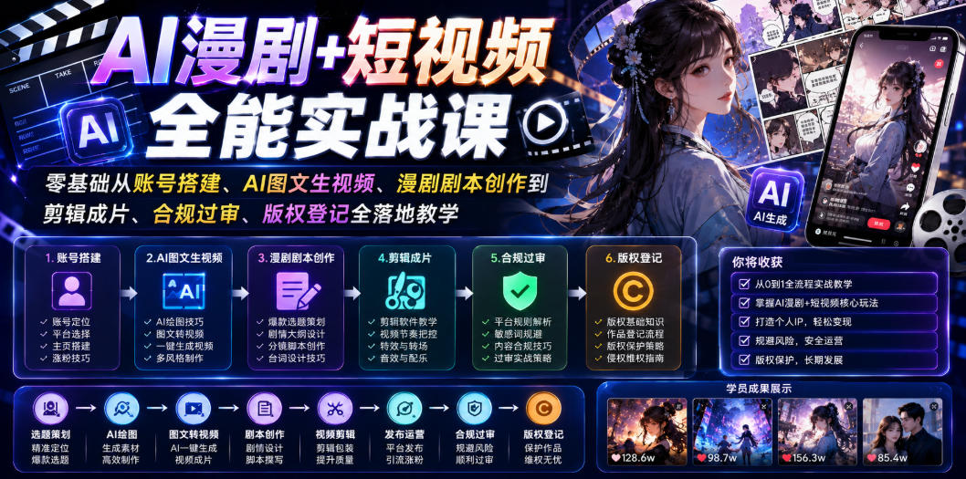 AI漫剧+短视频全能实战课｜零基础从账号搭建、AI图文生视频、漫剧剧本创作到剪辑成片、合规过审、版权登记全落地教学-课程网