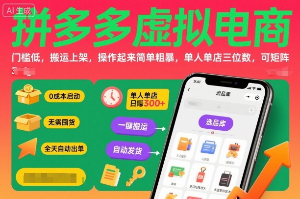 拼多多虚拟电商，门槛低，搬运上架，操作起来简单粗暴，单人单店三位数，可矩阵-课程网