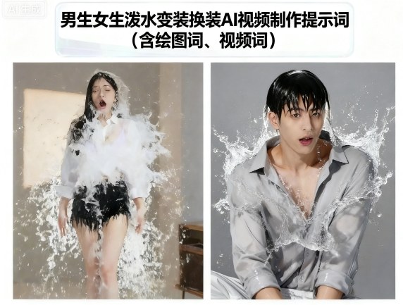 男生女生泼水变装换装AI视频制作提示词(含绘图词、视频词)-课程网