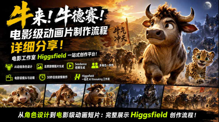 牛来！牛德赛！电影级动画片制作流程详细分享！电影工作室Higgsfield一站式创作平台，完整创作流程-课程网