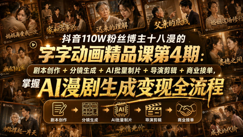 抖音110W粉丝博主十八漫的字字动画精品课第4期：剧本创作+分镜生成+剪辑+商业接单，掌握AI漫剧生成变现全流程-课程网