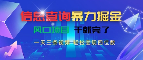 信息查询暴力掘金，一天三条视频，轻松变现四位数，风口项目干就完了【揭秘】-课程网