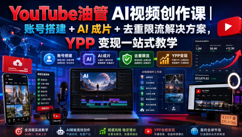 YouTube油管AI视频创作课｜账号搭建+AI成片+去重限流解决方案，YPP变现一站式教学-课程网