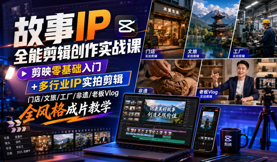 故事IP全能剪辑创作实战课｜剪映零基础入门+多行业IP实拍剪辑，门店/文旅/工厂/非遗/老板Vlog全风格成片教学-课程网