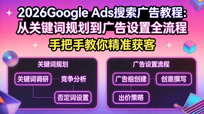 2026Google Ads搜索广告教程：从关键词规划到广告设置全流程，手把手教你精准获客-课程网