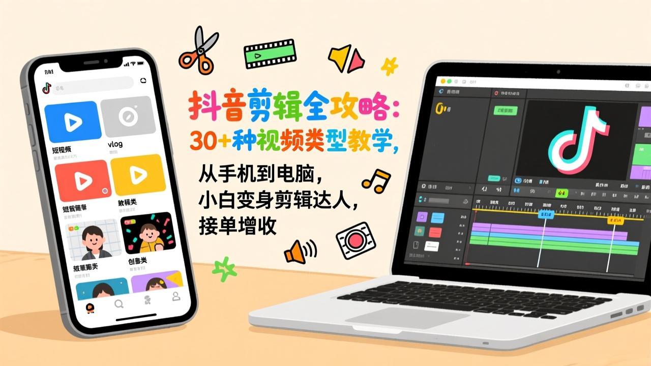 抖音剪辑全攻略：30+种视频类型教学，从手机到电脑，小白变身剪辑达人，接单增收-课程网