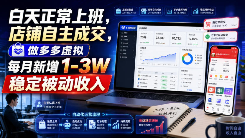 白天正常上班，店铺自主成交，做多多虚拟每月新增1-3W稳定被动收入【揭秘】-课程网