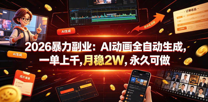 2026暴力副业：AI动画全自动生成，一单上千，月稳2W，永久可做【揭秘】-课程网
