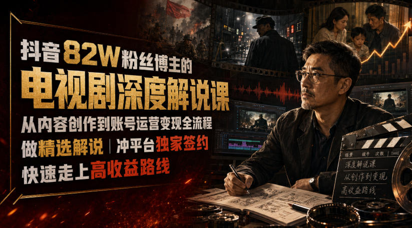 抖音82W粉丝博主的电视剧深度解说课，从内容创作到账号运营变现全流程，做精选解说，冲平台独家签约，快速走上高收益路线-课程网