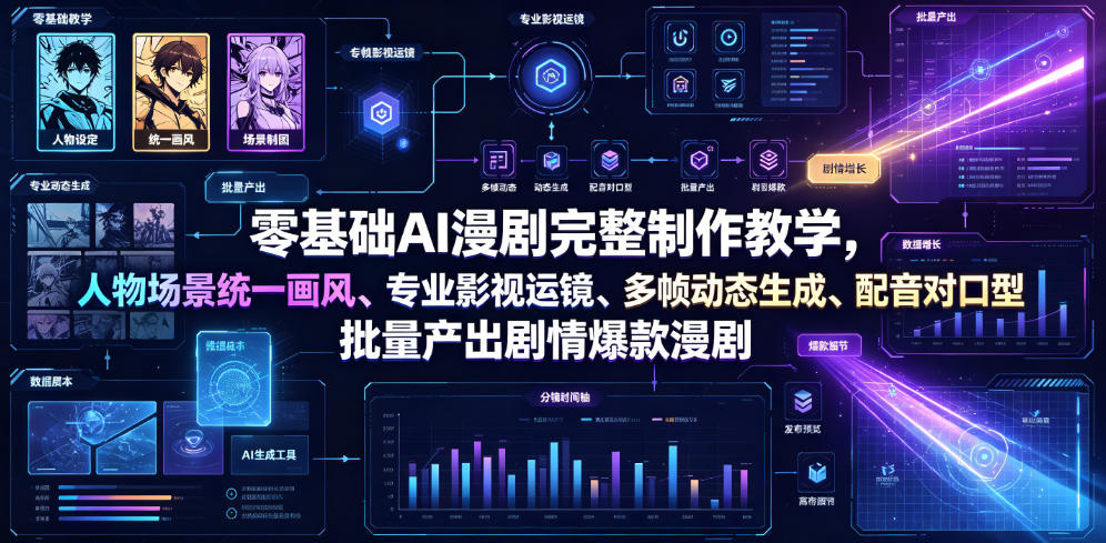 零基础AI漫剧完整制作教学，人物场景统一画风、专业影视运镜、多帧动态生成、配音对口型，批量产出剧情爆款漫剧-课程网
