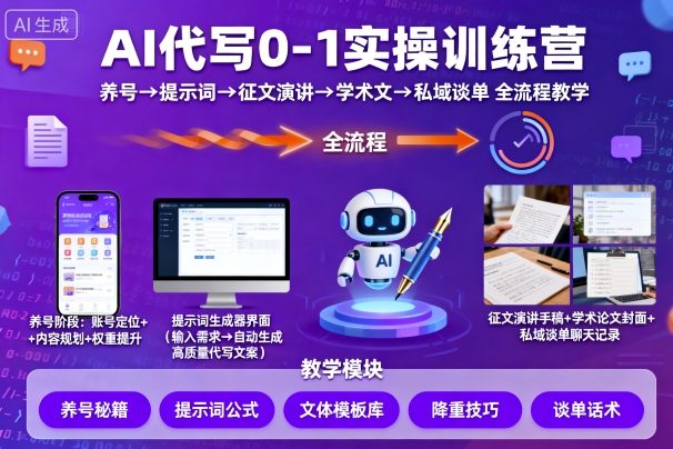 AI代写0-1实操训练营，从养号、提示词、征文演讲、学术文，到私域谈单的全流程教学-课程网