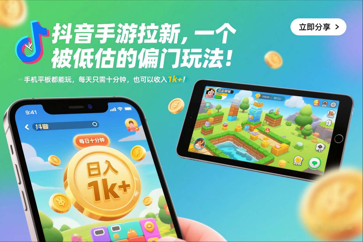 抖音手游拉新，一个被低估的偏门玩法！手机平板都能玩，每天只需十分钟，也可以收入1k+【揭秘】-课程网