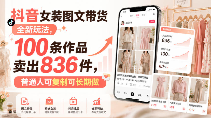 抖音女装图文带货全新玩法，100条作品卖出836件，普通人可复制可长期做-课程网