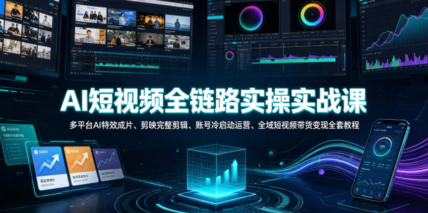 AI短视频全链路实操实战课｜多平台AI特效成片、剪映完整剪辑、账号冷启动运营、全域短视频带货变现全套教程-课程网
