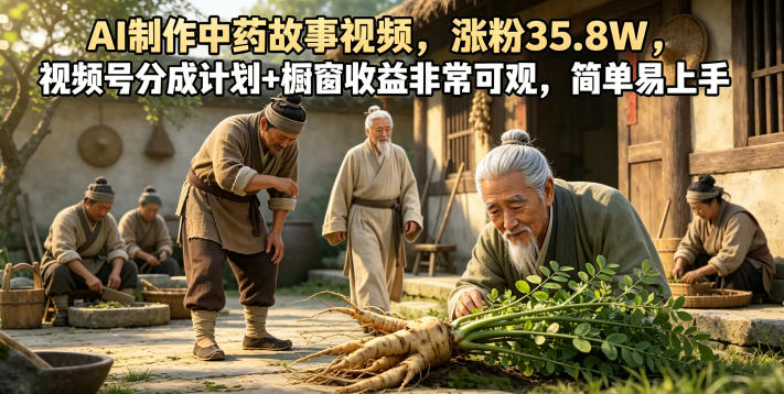 AI制作中药故事视频，涨粉35.8W，视频号分成计划+橱窗收益非常可观，简单易上手-课程网