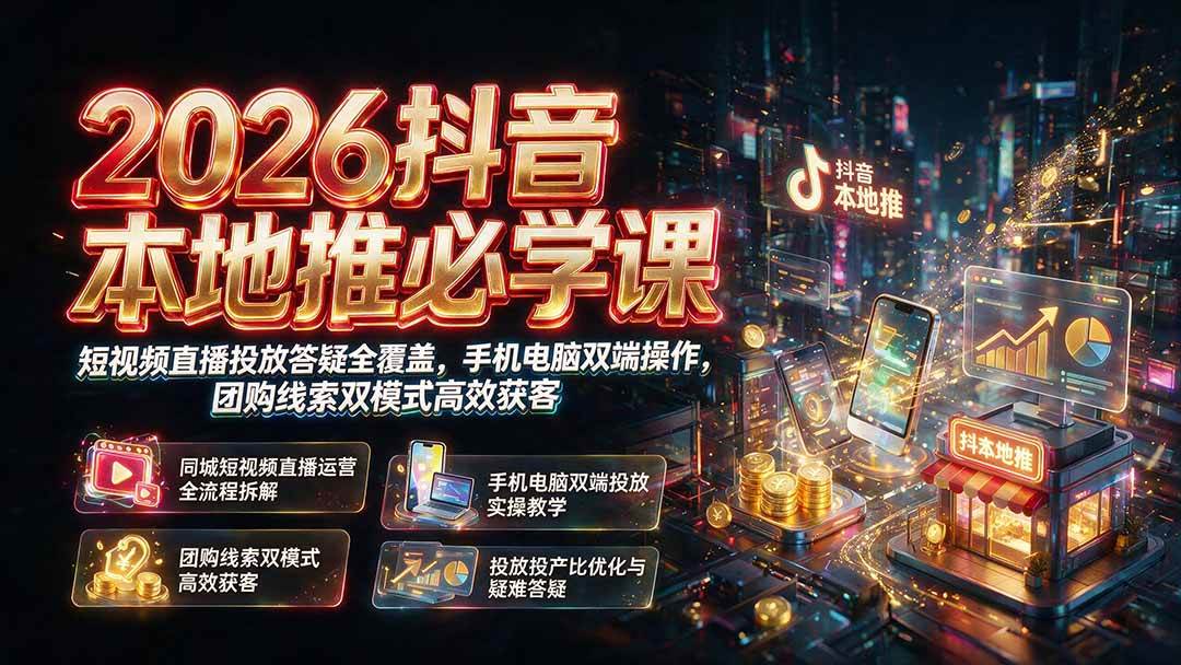 （19618期）2026抖音本地推必学课｜短视频直播投放答疑全覆盖，手机电脑双端操作，团购线索双模式高效获客-课程网