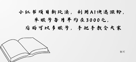 小红书项目新玩法，利用AI快速涨粉，单账号每月平均在3k，后面可以多账号，手把手教会-课程网