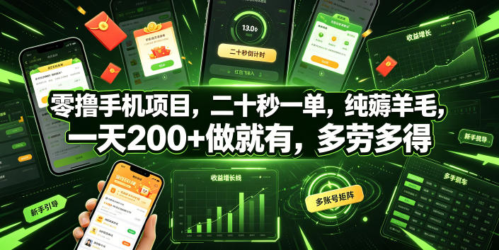 零撸手机项目，二十秒一单，纯薅羊毛，一天200+做就有，多劳多得【揭秘】-课程网