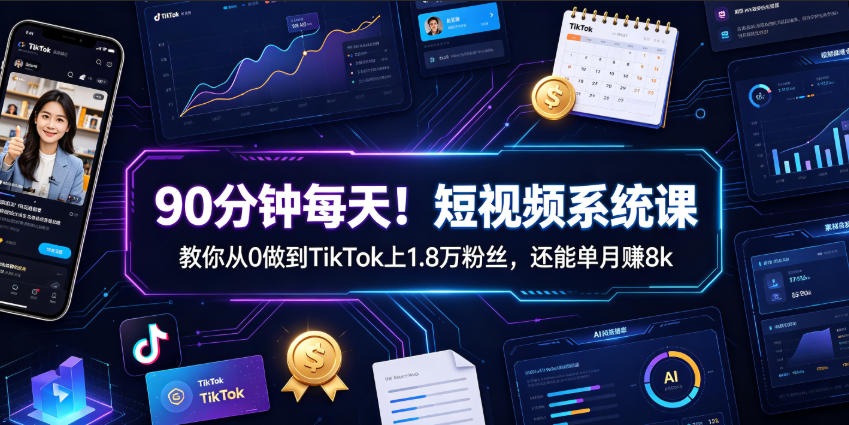 90分钟每天！短视频系统课教你从0做到TikTok上1.8万粉丝，还能单月賺8k【原创双语字幕】-课程网