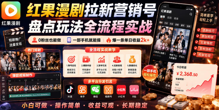 红果漫剧拉新营销号盘点玩法全流程实战，0粉丝也能做，一部手机就能做，爆一条单日收益2k+（更新0628）-课程网