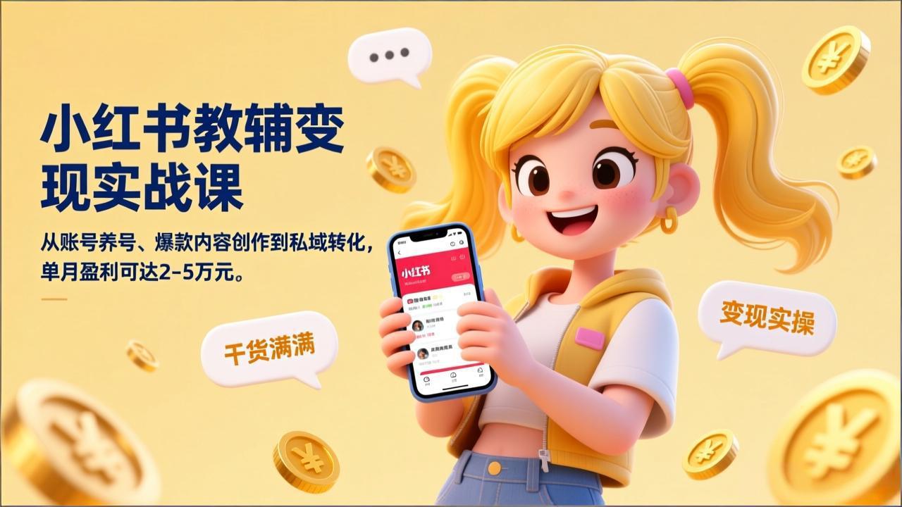 小红书教辅变现实战课，从账号养号、爆款内容创作到私域转化，单月盈利可达2-5万元-课程网