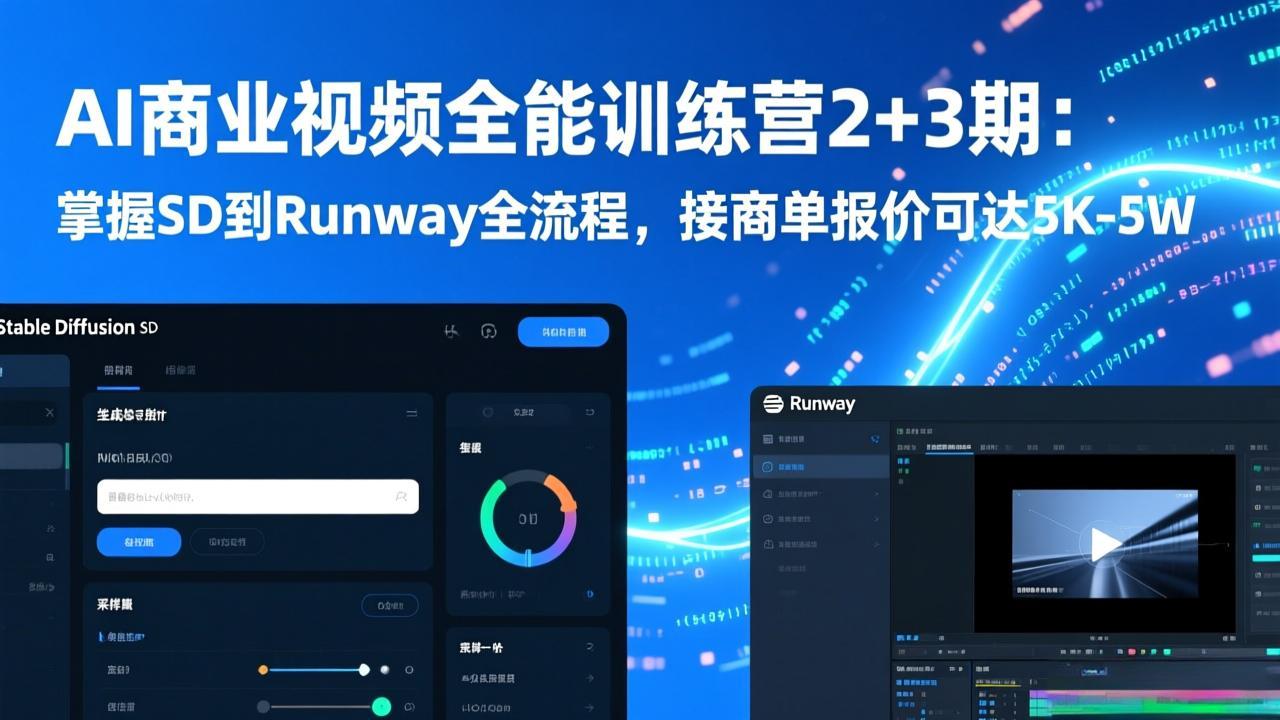 AI商业视频全能训练营2+3期：掌握SD到Runway全流程，接商单报价可达5K-5W-课程网