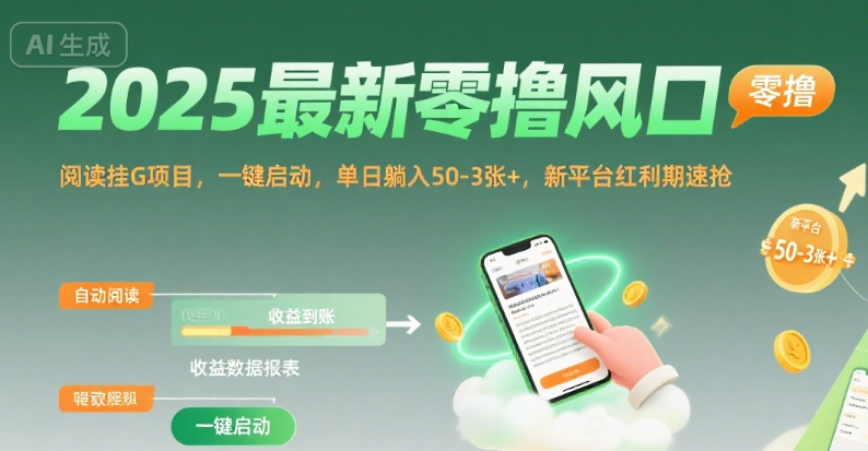 2025最新零撸风口，阅读挂G项目，一键启动，单日躺入 50-3张+，新平台红利期速抢【揭秘】-课程网