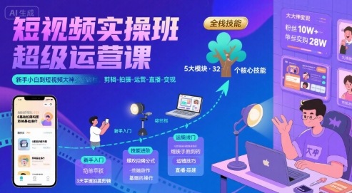 短视频实操班超级运营课，新手小白到短视频大神必修课程，剪辑-拍摄-运营-直播-变现-课程网