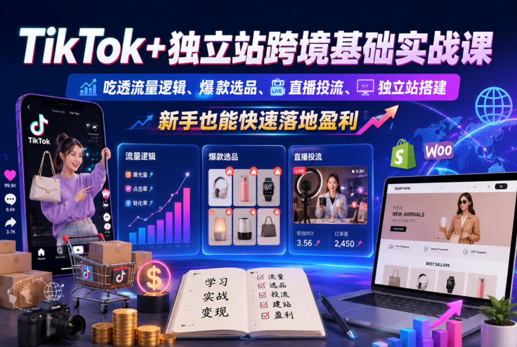 TikTok+独立站跨境基础实战课，吃透流量逻辑、爆款选品、直播投流与独立站搭建，新手也能快速落地盈利-课程网