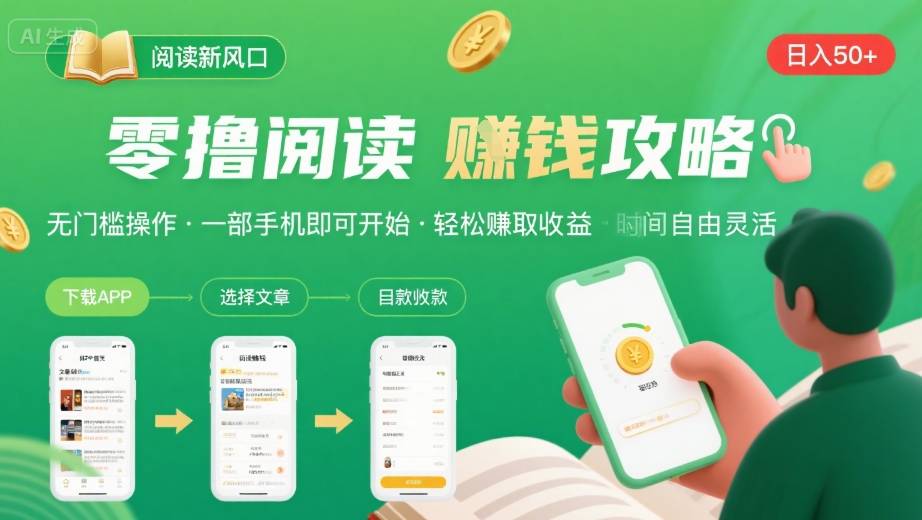 零撸阅读新风口，无门槛轻松挣，一部手机，日入 50-3张【揭秘】-课程网